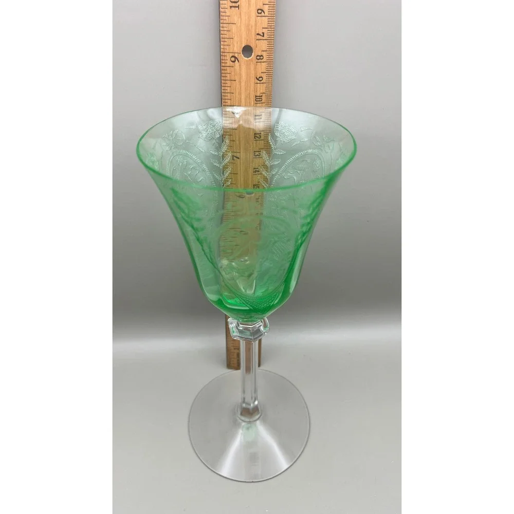 European‎ Uranium Hock Wine Goblets Etched Classic Lady Putto Green Set As Is